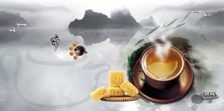 中国风水墨山水中式早茶茶点海报背景背景