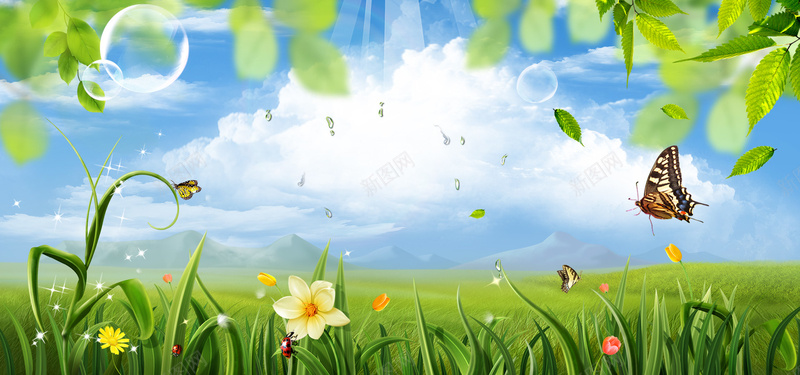 旅游自然美景psd设计背景_88icon https://88icon.com 树叶 海报 淘宝背景图 清新 绿叶 自然风景 蓝天 蝴蝶 透光 鸡蛋花