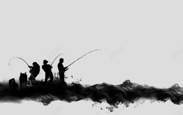 黑白水墨垂钓钓鱼人物背景背景