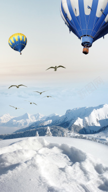 雪地雪山积雪山峰热气球鸟背景