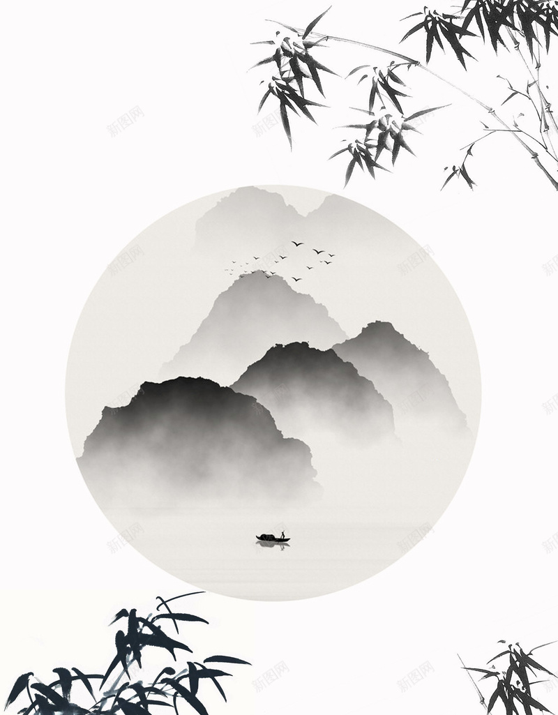 端午节中国风山水背景psd设计背景_88icon https://88icon.com 中国风 中国风背景素材 柱子 水墨山水 水墨画 端午节 端阳节 竹叶 简约 黑白 龙舟节