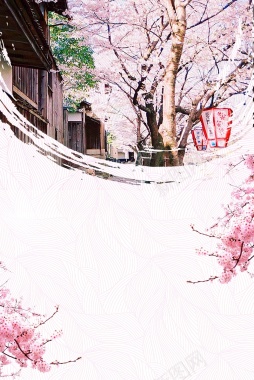 樱花树房屋雪地粉色白色绿叶阳光广告背景背景
