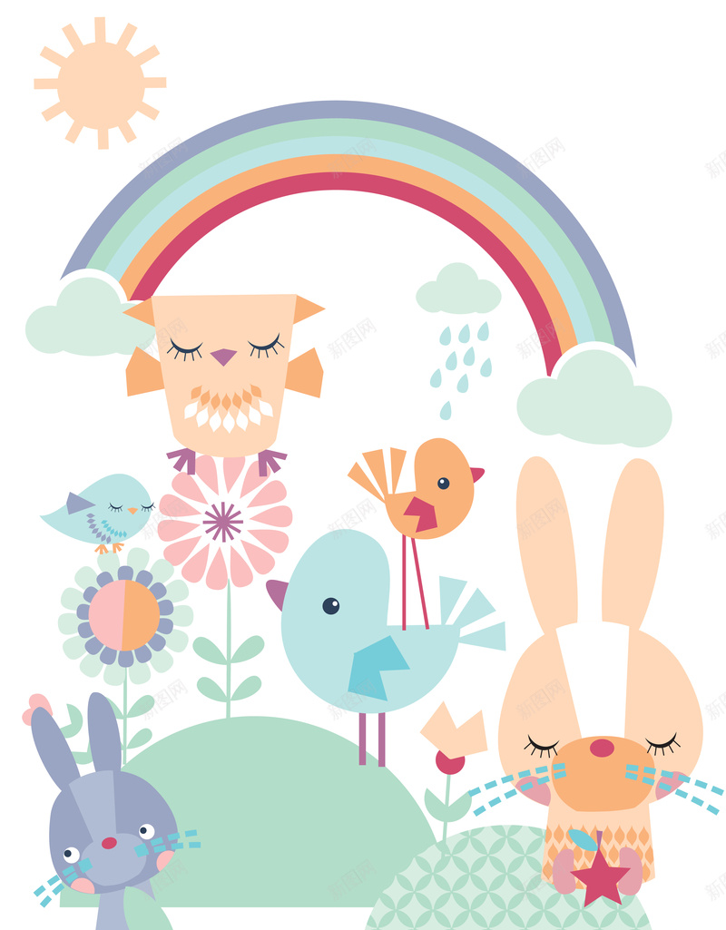 可爱动物乐园矢量图ai设计背景_88icon https://88icon.com 兔子 卡通 小草开心 小鸟 彩虹 手绘 树 白色 童趣 矢量图