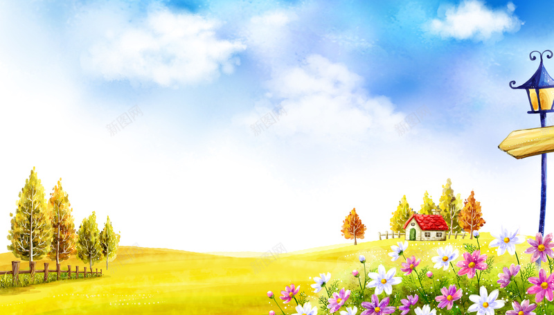 手绘风景画手绘画册海报背景psd设计背景_88icon https://88icon.com 儿童 学生 手绘 手绘风景画 树 树木 灯塔 画册 画册元素 白云蓝天 绘本 花草 草地 风景