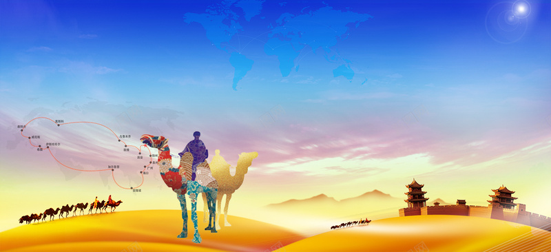 一带一路大气沙漠景色骆驼渐变蓝色背景背景