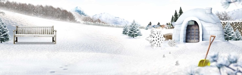 冬季雪景bannerpsd_88icon https://88icon.com 房屋 摄影 海报banner 漫天飞雪 铁锹 长凳 风景