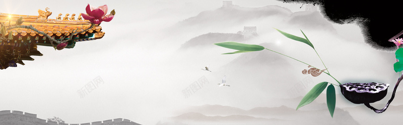 中式传统古建筑banner海报背景背景