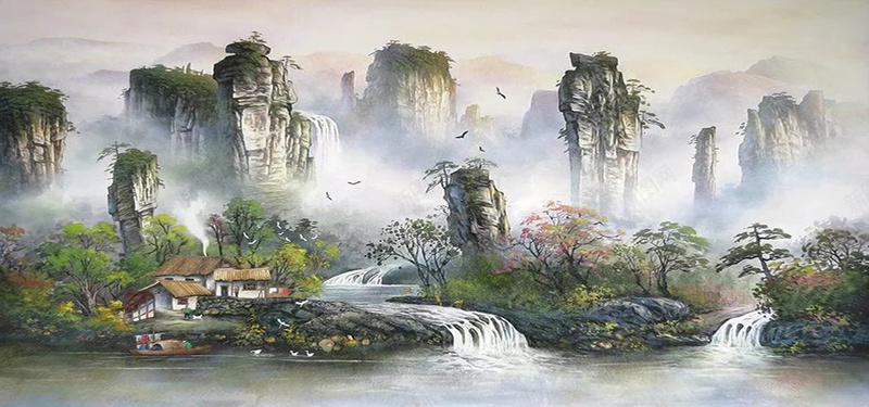 山水风景画jpg设计背景_88icon https://88icon.com 中国风 国画 小溪流 小船 山水画 村庄 树 河流 海报banner 迷雾 风景画 鸟