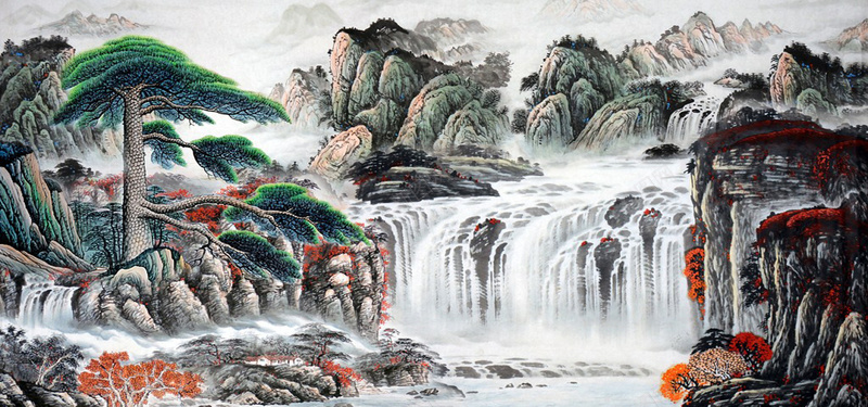 中国风山水水墨画风景jpg设计背景_88icon https://88icon.com 中国风 国画 山峰 松树 水墨画 河流 海报banner 瀑布 迷雾 风景画