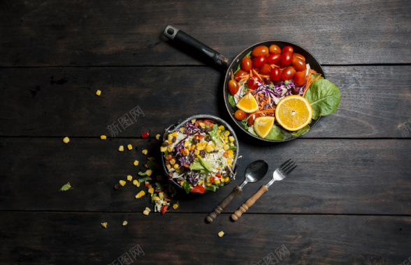厨房刀叉番茄橙水果蔬菜沙拉美食背景背景