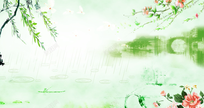 绿色水墨淡雅中式春天踏青海报背景背景