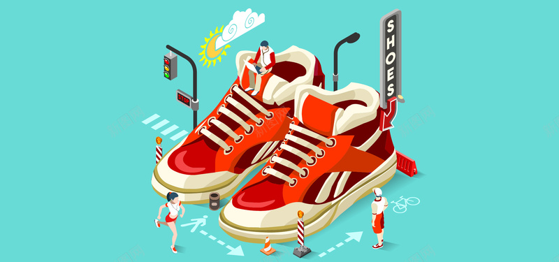 淘宝矢量卡通运动鞋立体创意跑步女士海报背景