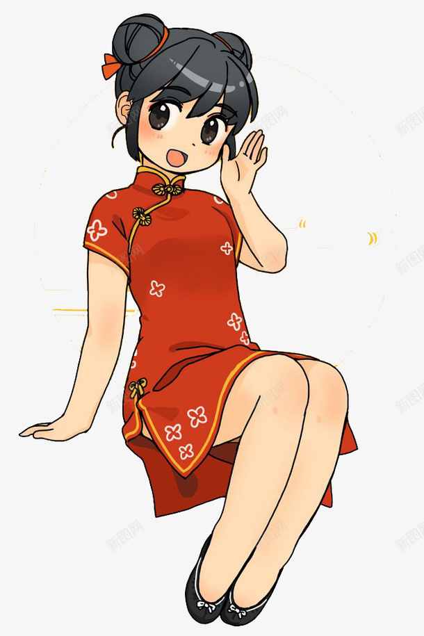 卡通女孩png免抠素材_88icon https://88icon.com 卡通 可爱 女孩 手绘 旗袍 水彩 红色 装饰 长发