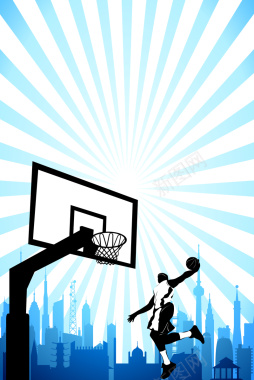 手绘篮球框蓝色条纹人物背景矢量图背景