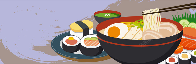 卡通手绘拉面寿司美食海报背景矢量图背景