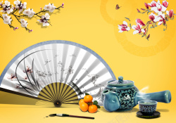 茶文化印章中国风梅花兰花与扇子背景高清图片