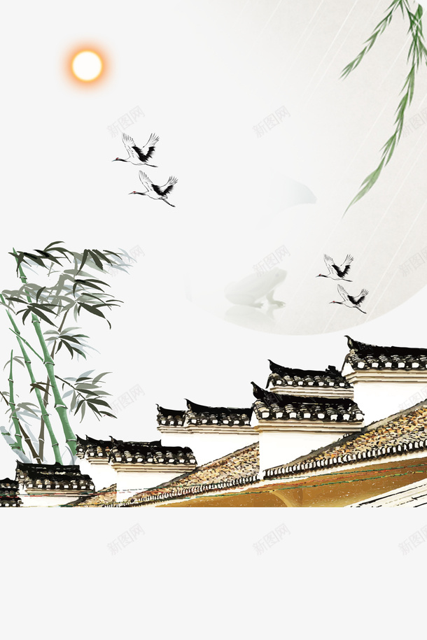 古代宅院元素图psd免抠素材_88icon https://88icon.com 古风元素 柳条 白鹤 白鹤图 竹枝 飞檐