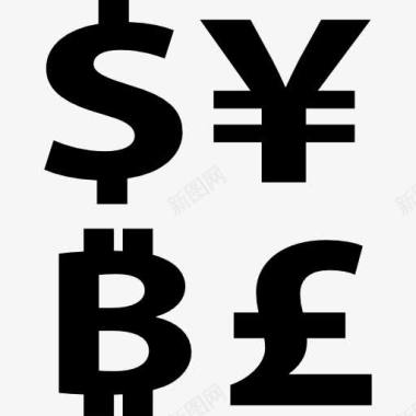 飘钱比特币与美元日元和英镑符号标志图标图标