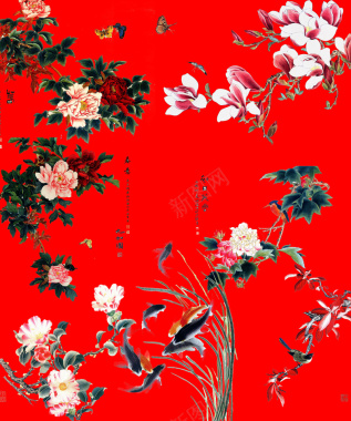 中国风红色工笔花鸟图背景背景