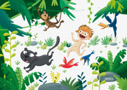 卡通手绘绿色植物和玩耍的人动物素材