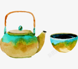 手绘水彩风茶壶茶杯素材