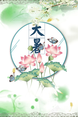 中国风手绘荷花荷叶蝴蝶大暑节气背景海报