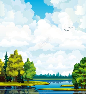 矢量手绘湖泊森林蓝天背景背景
