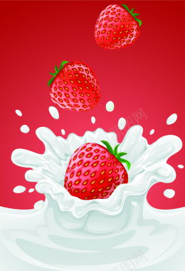 草莓水果坠入牛奶瞬间矢量背景