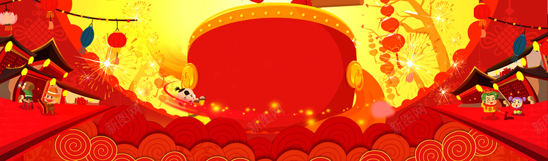 新年喜庆红色中国风卡通烟花淘宝海报背景背景