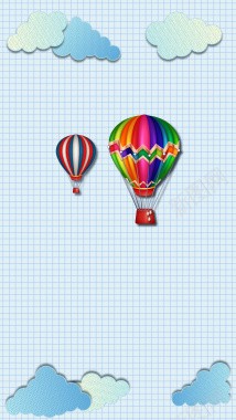 蓝色格子背景上的热气球H5背景矢量图背景