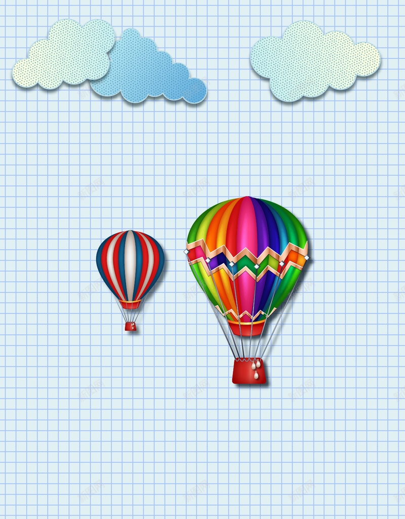 蓝色格子背景上的热气球H5背景矢量图ai设计背景_88icon https://88icon.com H5素材 云朵 斑点 热气球 色彩 蓝色 蓝色格子 飘扬 鲜艳的热气球 矢量图