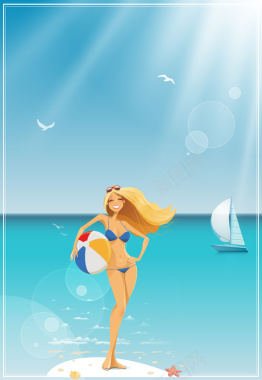 海边卡通比基尼美女旅游海报背景矢量图背景