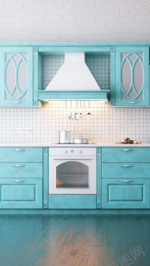 蓝色木质厨房柜H5背景背景