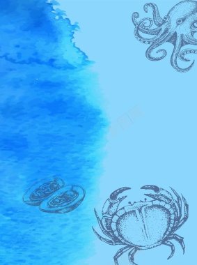 矢量蓝色水彩手绘海鲜涂鸦背景背景