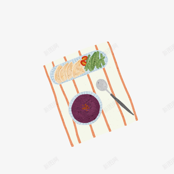 卡通手绘营养早餐摆拍png免抠素材_88icon https://88icon.com 勺子 摆拍手绘图 紫薯粥 营养早餐 食物摆拍 餐布