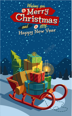 圣诞新年快乐礼物雪橇海报背景矢量图海报