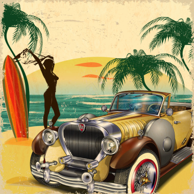 热带风情海滩冲浪棕榈树汽车背景矢量图背景