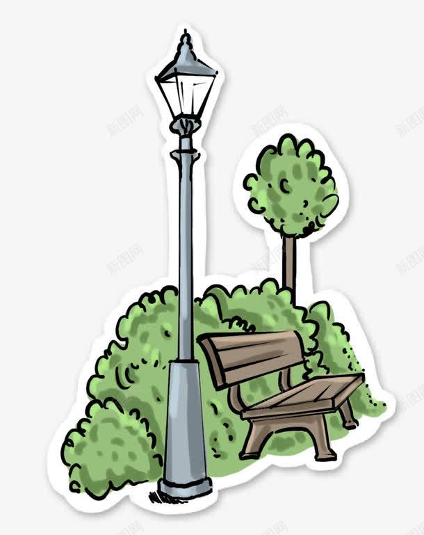 手绘公园png免抠素材_88icon https://88icon.com 公园绘画 座椅 手绘 水彩路灯 路灯 长凳