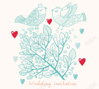 手绘小鸟植物花纹婚礼邀请卡邀请函背景矢量图背景