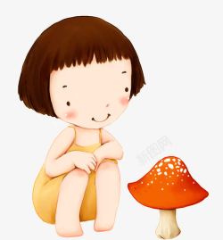 抱膝看蘑菇的小女孩高清图片