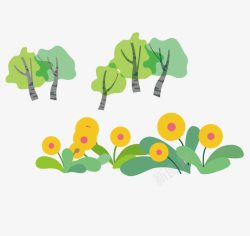 小树林和黄色的花朵素材