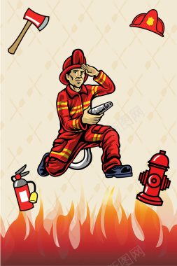 卡通手绘消防员灭火海报背景矢量图背景