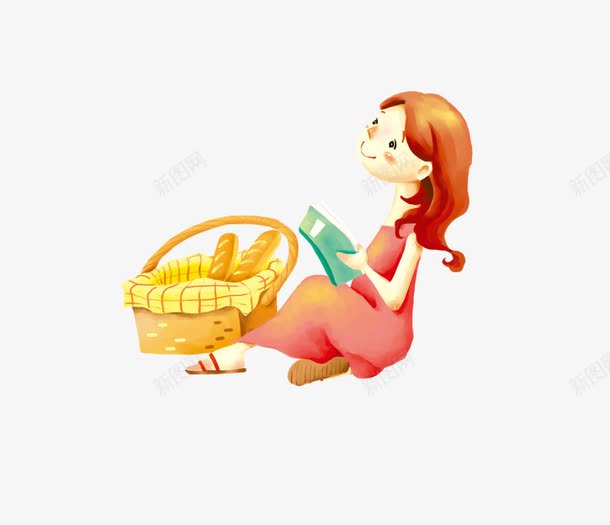 在面包篮旁边看书的小女孩png免抠素材_88icon https://88icon.com 卡通人物 小女孩 看书 面包篮