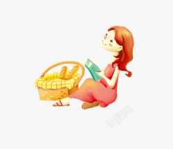 端菜篮的女孩在面包篮旁边看书的小女孩高清图片
