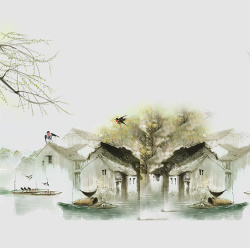 水墨画背春天的江南水乡高清图片