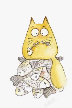 素描猫卡通动物可爱猫吃鱼高清图片