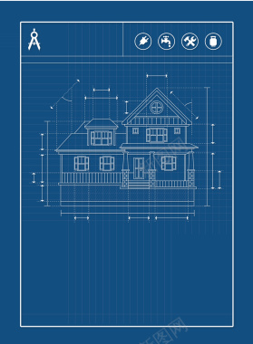 房屋绘制图纸蓝色背景矢量图背景