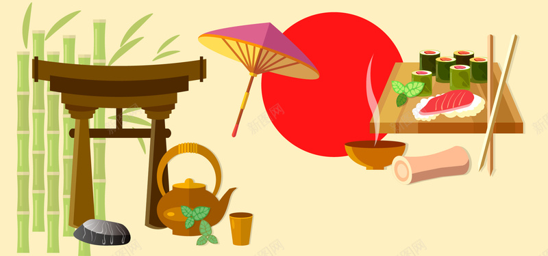 淘宝日本料理矢量卡通竹子水壶寿司太阳海报背景