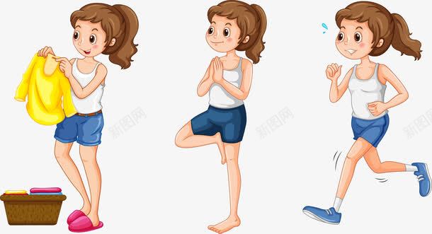 手绘女人的作息时间png免抠素材_88icon https://88icon.com 健身 女人 手绘 洗衣服 瑜伽 跑步