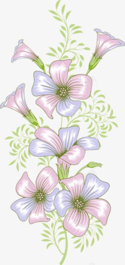 手绘绿叶粉蓝花朵素材